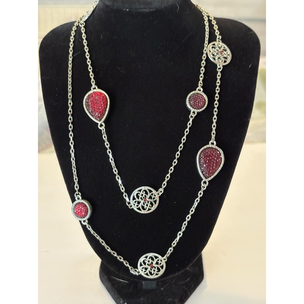 Ann Taylor Red Crystal Station Necklace Silver Tone Long Necklace